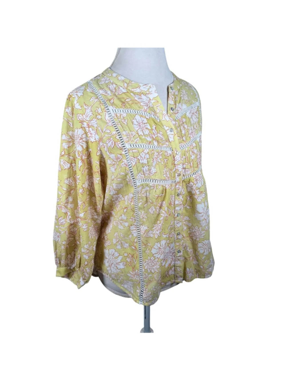 MAYE Paloma Shirt Havana Print Yellow Floral Cotton Pintuck Blouse Boho Size S